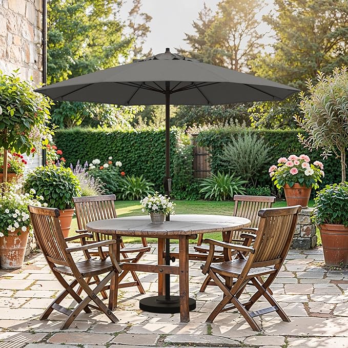California Umbrella 12-Year Protection 7.5-Ft Outdoor Patio Umbrella, Sunbrella Fade-Resistant Fabric, Auto-Tilt, Heavy Duty Aluminum Frame, 8 Reinforced Ribs for Pool or Deck, Bronze Pole, Charcoal