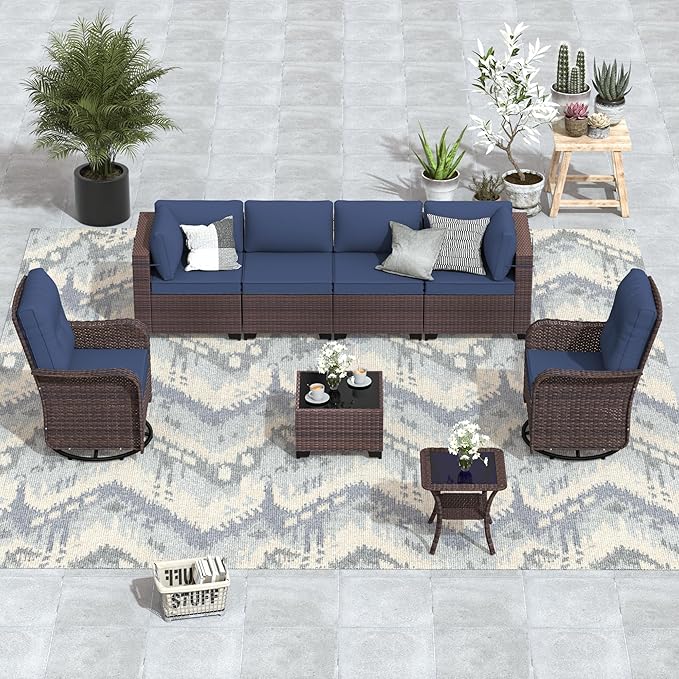 ALAULM 8 Pieces Patio Furniture Set with 2 Swivel Chairs Wicker Patio Conversation Set, Outdoor Sectional Furniture w/Coffee Table & Washable Seat Cushions-Dark Blue