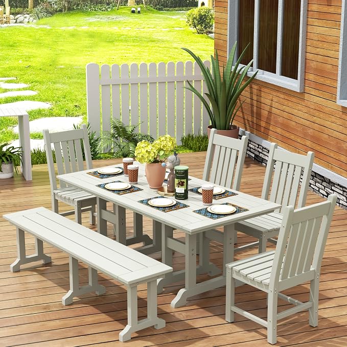 WestinTrends Malibu 6 Piece Outdoor Dining Set with Bench, All Weather Poly Lumber Patio Table and Chairs Set, 71" Trestle Dining Table with Umbrella Hole, 5 Patio Chairs with Bench, Sand