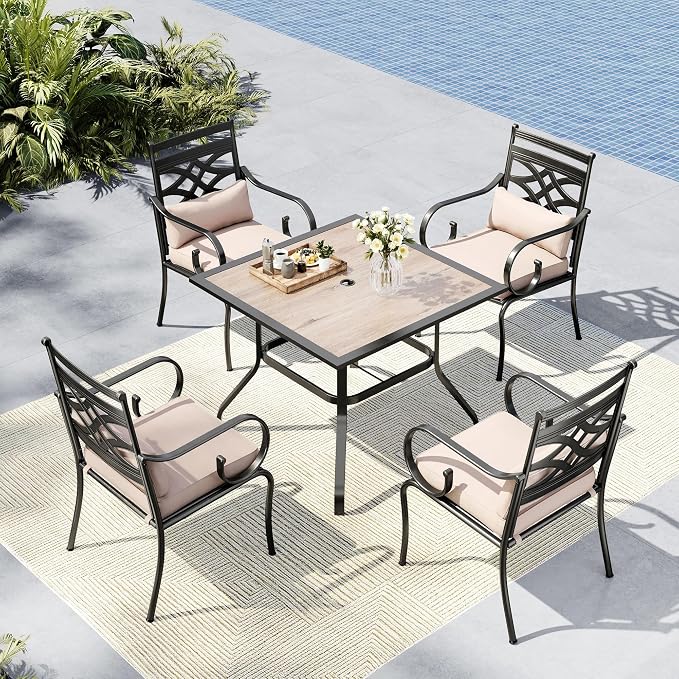MFSTUDIO Patio Dining Set, 37" Square Wood-Look Table, Fixed Chairs | Umbrella Hole, Seats 4, All-Weather Use
