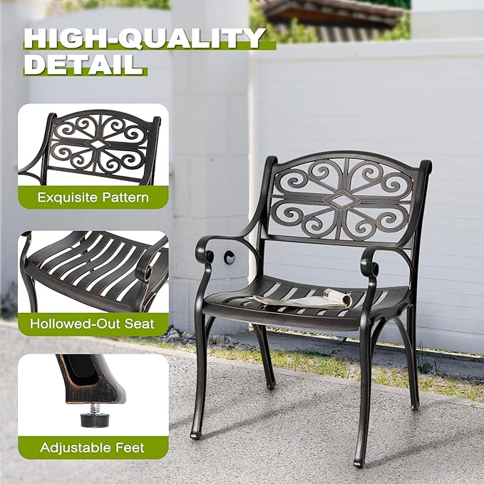 NUU GARDEN 5 Pieces Outdoor Patio Dining Set, 42" Round Cast Aluminum Dining Table with 2.24" Umbrella Hole and All-Weather 4 Outdoor Patio Dining Chairs for Patio, Garden, Backyard, Balcony, Bronze