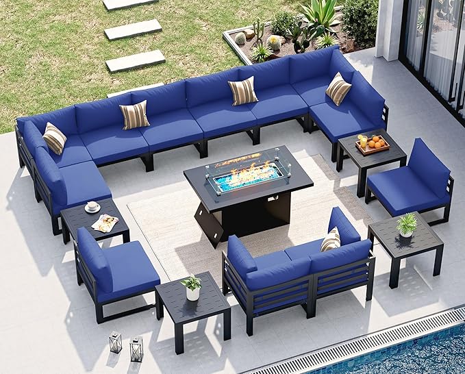 NICESOUL 17 Pcs Extra Large Modern Aluminum Outdoor Sofa with Fire Pit & Coffee Table, 29 inch Deep Wide Seat, 500 lbs Durable Sectional Set, High End Patio Furniture Set for Backyard Lawn, Navy Blue