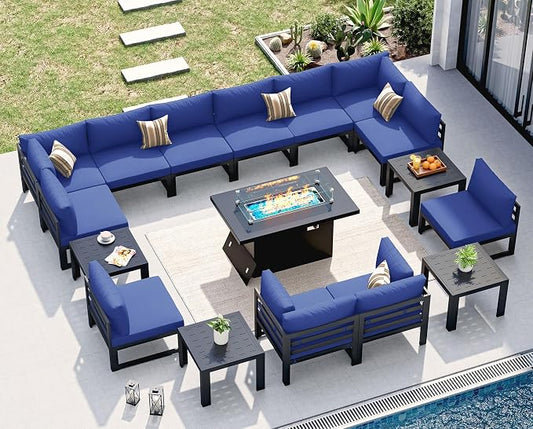 NICESOUL 17 Pcs Extra Large Modern Aluminum Outdoor Sofa with Fire Pit & Coffee Table, 29 inch Deep Wide Seat, 500 lbs Durable Sectional Set, High End Patio Furniture Set for Backyard Lawn, Navy Blue
