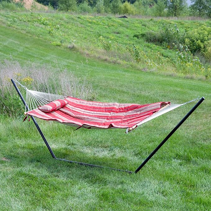 Sunnydaze Rope Hammock with Stand for Outside- 275-Pound Capacity - Includes 12-Foot Hammock Stand, Spreader Bar, Pad, and Pillow - Green Stripe