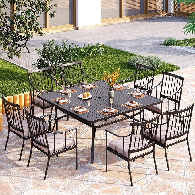 PHI VILLA 9 Piece, Outdoor Dining Set, 57.5"x57.5" Table, Cushioned | Wrought Iron, 2.0" Umbrella Hole, Weather-Resistant, 300 lbs Capacity