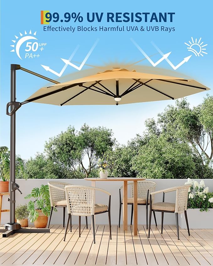 GarveeLife 10FT Patio Umbrella Outdoor Solar LED Large Cantilever Umbrella Market Sun Shade Windproof Offset Umbrella with 360-Degree Rotation for Garden Deck Pool Patio