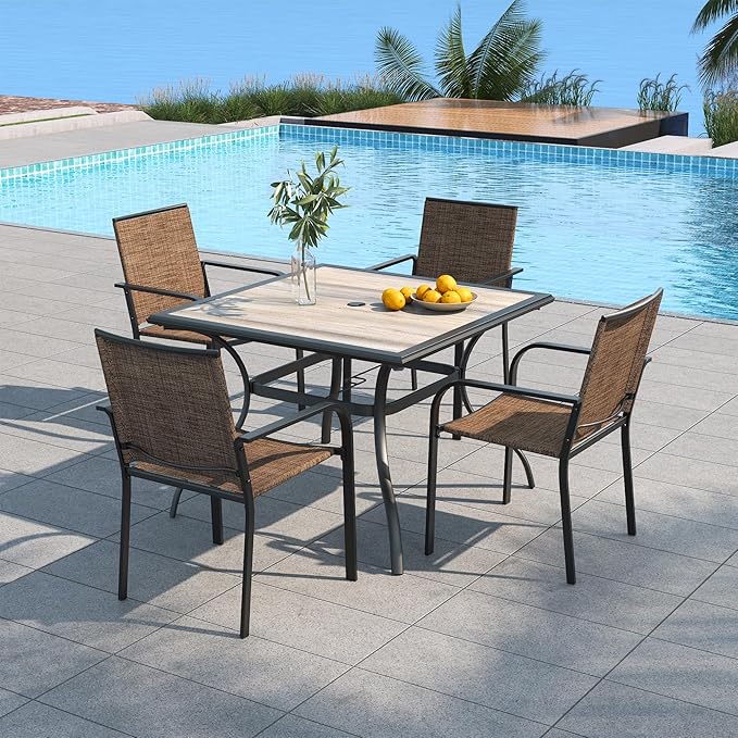 Anmutig 5 Piece Patio Furniture Set with 37" Square Dining Table and Brown Tan Stackable Chairs for Outdoor