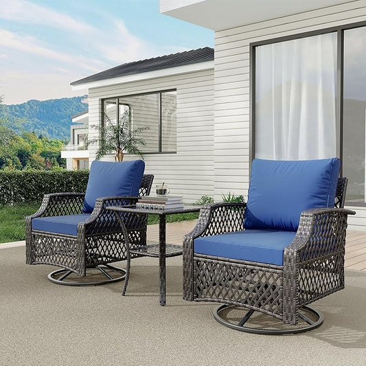 HOMREST 3 Piece Outdoor Swivel Chair Set, Wicker Patio Bistro Set with Thickened 25D Cushions and Glass Coffee Table, Patio Furniture Conversation Set for Deck, Yard, Garden, Poolside(Navy Blue)