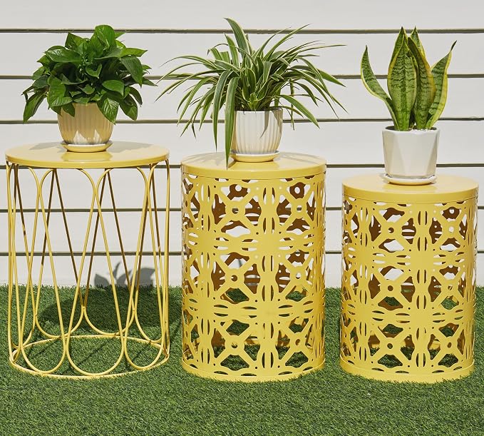 HFHOME Set of 3 Metal Outdoor Side Table, Round Coffee Table for Indoor Outdoor, Heavy Duty End Tables Plant Stand Garden Stool- Yellow
