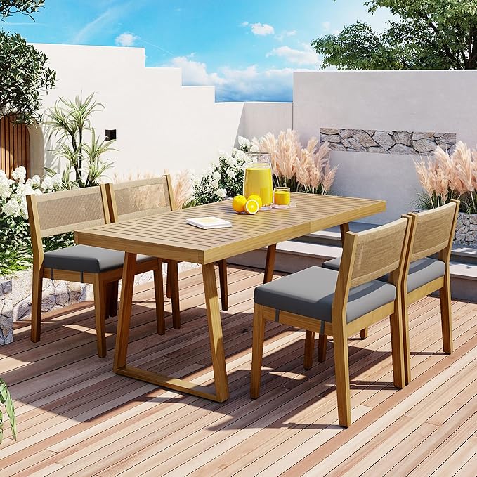 Harper & Bright Designs Multi-Person Outdoor Acacia Wood Dining Table and Chair Set, Thick Cushions, Suitable for Balcony, Vourtyard, and Garden.
