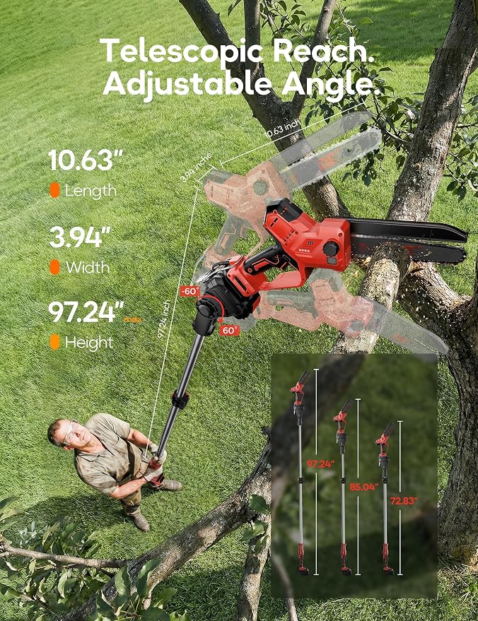 DeForce 2-in-1 Cordless Electric Pole Saw, for Milwaukee M18 18V Battery, Brushless 8" Mini Chainsaw for Tree Trimming, Battery Powered Pole Saw, 16 ft Max Reach, with Extension Pole(Bare Tool Only)