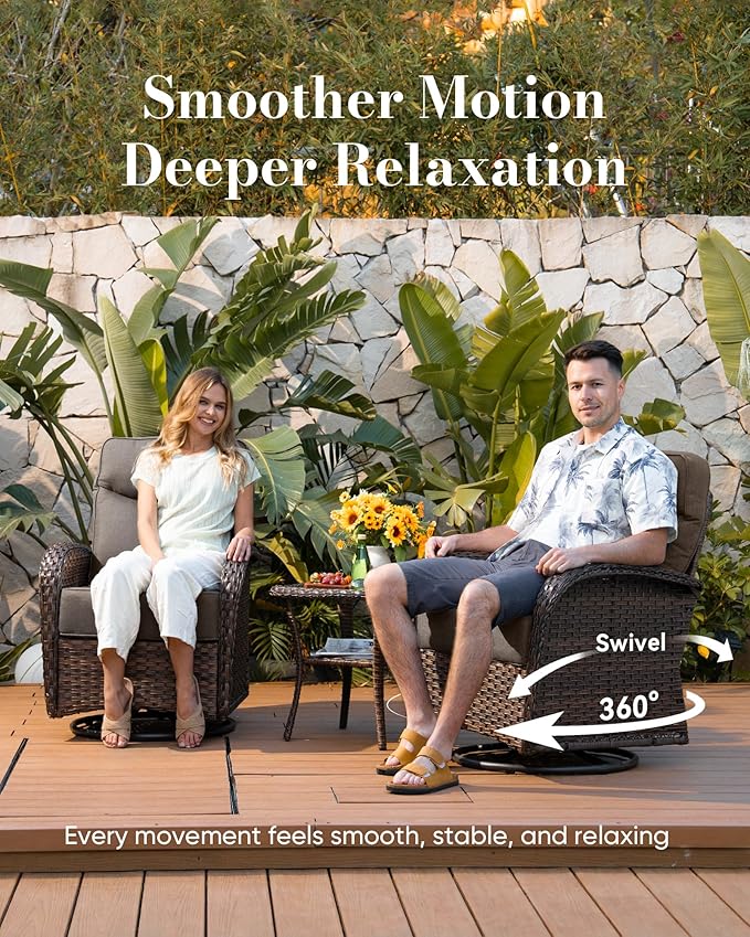 Belord Upgraded 6“ Cushion Luxury Patio Furniture Set with Fire Pit Table - 11 Piece Wicker Outdoor Furniture with High Back Swivel Rocker Patio Chairs, Conversation Set for Deck Porch - Brown/Grey