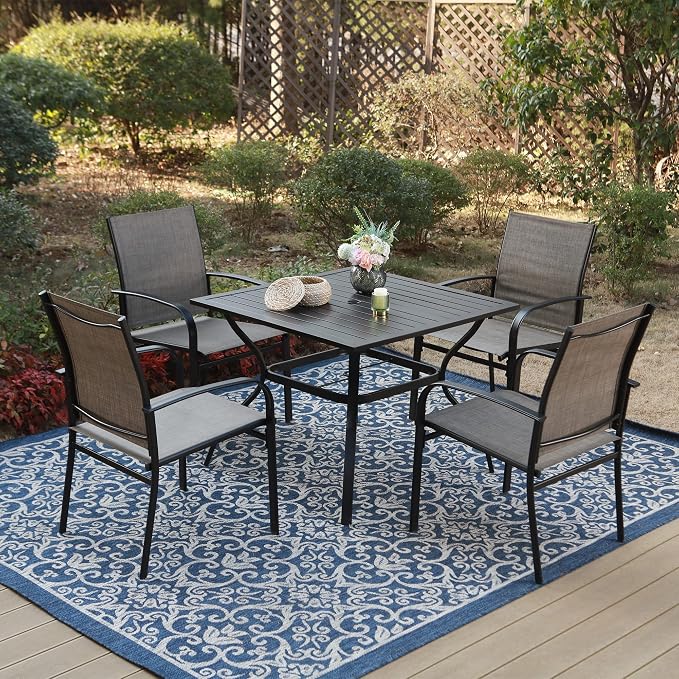 MIXPATIO Outdoor Patio Square Dining Table, 37"x 37" Metal Slatted Tabletop with Adjustable Umbrella Hole, All Weather Wrought Iron Black Outdoor Table for Deck Lawn Garden Backyard, Black