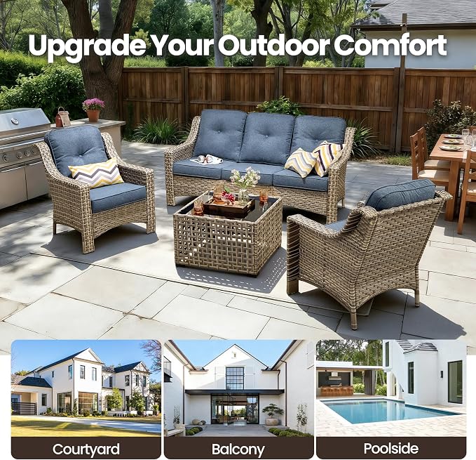 4 Piece Outdoor Patio Furniture Set, All Weather Waterproof Wicker High Back Conversation Set, Two Single Chairs, Solar Light Coffee Table, Outside Furniture for Porch Balcony, Diamond Blue