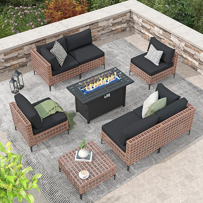 Patiorama 8 Piece Wicker Patio Furniture Set with 45” Fire Pit Table,Natural-Colored PE Rattan Outdoor Sectional Sofa, 50000 BTU Propane Fire Pit w/Wind Guard,Cover,Water Resistant Cushion-Black