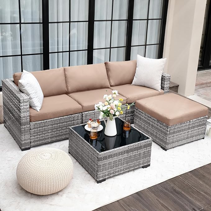 UDPATIO 5 Piece Patio Furniture Set, All-Weather Wicker Outdoor Sectional Sofa, L Shaped Outdoor Conversation Couch with Ottoman, Glass Table for Balcony Porch Backyard, Khaki