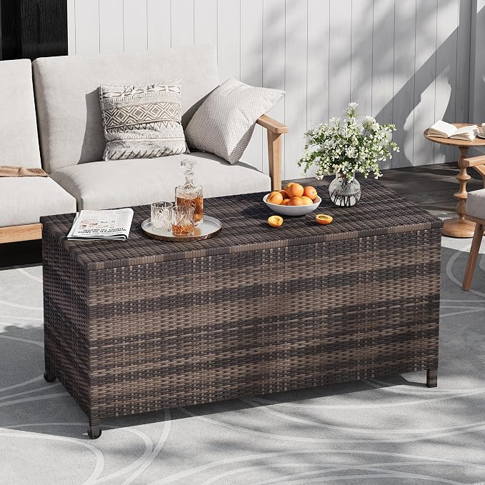 Litake Large 125 Gallon Outdoor Deck Storage Box with Wheels & Handles – Heavy Duty Waterproof PE Rattan Chest – Weatherproof Patio, Garden, Poolside Organizer –Brown