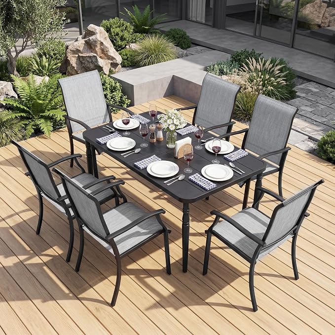 NUU GARDEN 7-Piece Patio Dining Table Set, Outdoor Metal Dining Furniture Set with Umbrella Hole Rectangular Table and 6 Textilene Chairs, Black