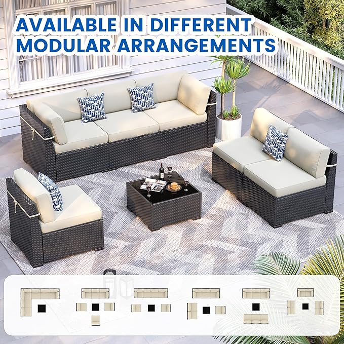 Patio Furniture Sets, 7-Piece Outdoor Patio Furniture with Thick Cushions,Coffee Table Outdoor All-Weather Conversation Set Sectional Sofa for Backyard, Poolside, Garden(Khaki)