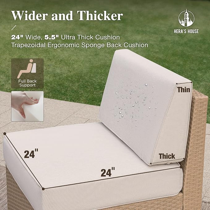 HERA'S HOUSE Patio Furniture Set, All Weather 7 Seats Outdoor Sectional Wicker Sofa with Fire Pit Table, 5.5" Thick Waterproof Cushion 9 Piece Modular Conversation Set for Garden Deck Backyard