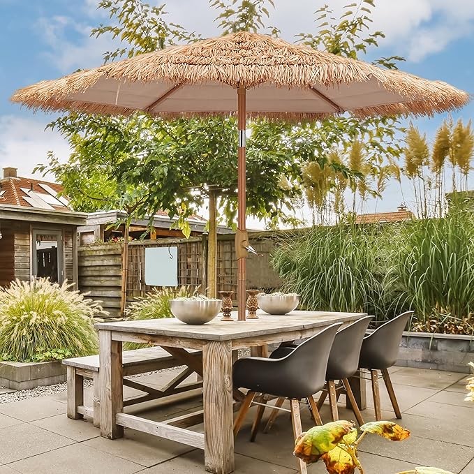 GDY 7.5ft Tiki Patio Umbrella, Outdoor Table Umbrella with Crank, Market Umbrellas for Garden, Beach, Deck, Backyard & Pool