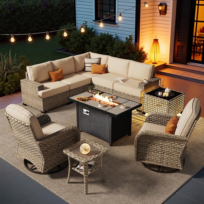 HOOOWOOO Sectional Patio Furniture Set with Fire Pit Table,10 Pieces Wicker Outdoor Furniture L Shaped Couch,Outside Conversation Set Extra Deep Seat Sofa Wide Arm Swivel Chair Solar Table,Beige