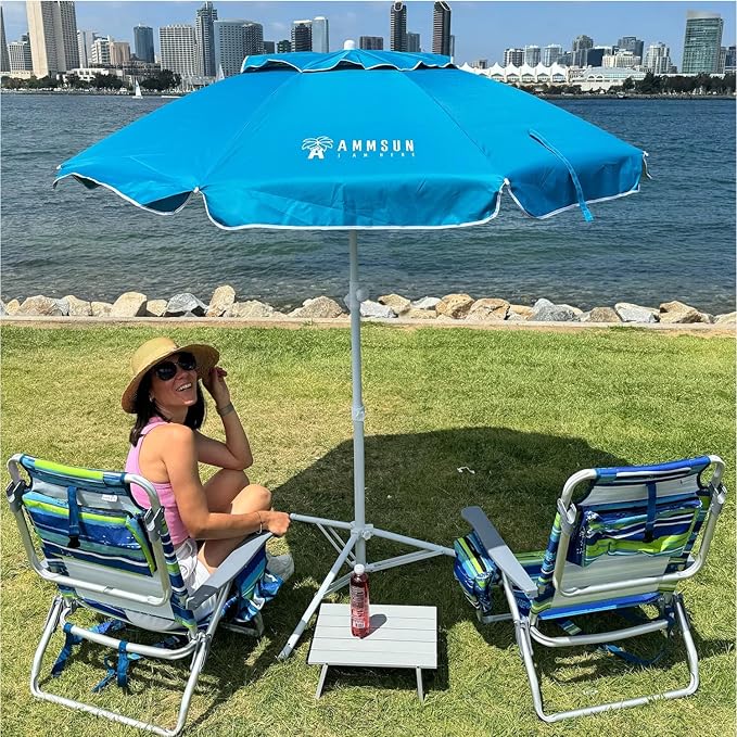 AMMSUN Shade Umbrella, Premium Portable Umbrella with Stand, 6.5ft Lightweight Free Standing Canopy for Sporting Games, Adjustable Instant Sun Protection and Easy to Carry, Light Blue