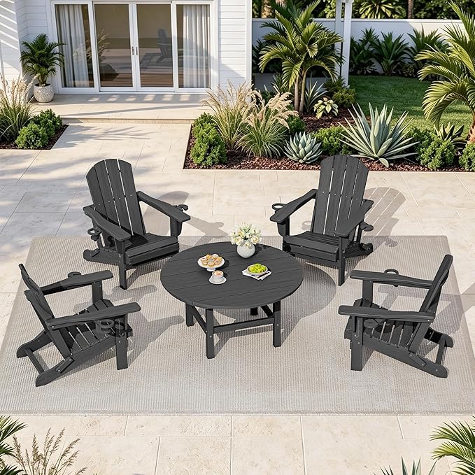 SERWALL 6-Piece Patio Set, 4 Folding Adirondack Chairs with Cup Holders, Round Table & Center Pole Umbrella, HDPE Plastic, Grey
