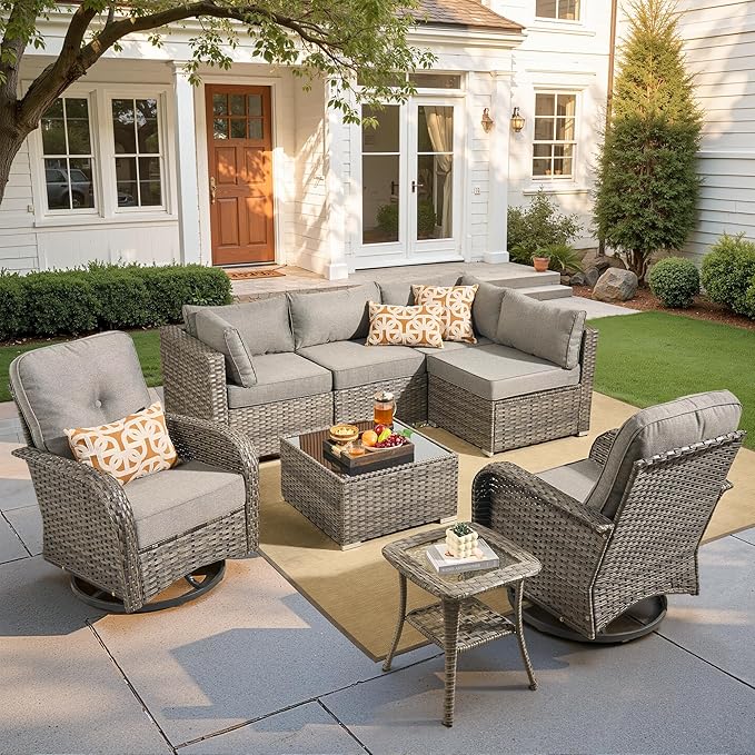 Wicker Patio Furniture Set, 8 Pieces Outdoor Sectional Sets with 6 Seats, Rattan Conversation Set with Swivel Chairs for Garden and Backyard, l Shape Couch Set