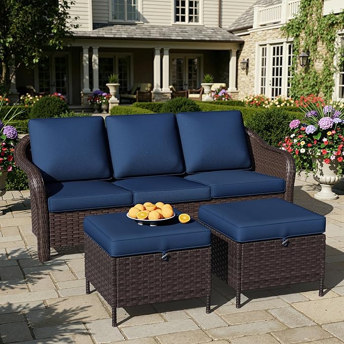 3 Piece Patio Wicker Conversation Set, All-Weather Use Outdoor Wicker Sofa with 2 PE Rattan Ottomans, Ideal for Porch, Backyard, Balcony, Poolside, Blue