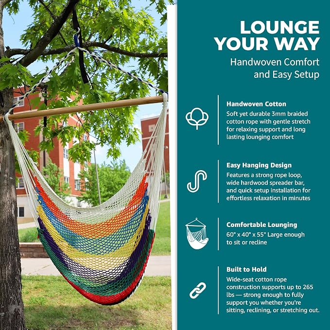 Bliss Hammocks BHC-412 Island Rope Hammock Chair, Eco Friendly & Hand-Woven Recycled Cotton, Varnish Coated 40 Inch Wood Spreader Bar, Easy to Hang w/Included Hanging Kit, Supports up to 265 pounds