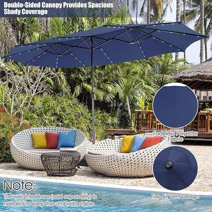Giantex 15 FT Double Patio Umbrellas with 48 Solar LED Lights, Auto-Charging Panel, Crank System, Outdoor Extra-Large Rectangle Market Table Umbrella for Garden Deck Backyard Beach Pool