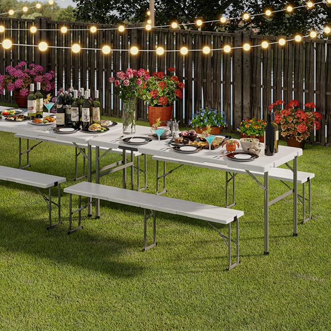 Folding Table with 2 Benches Set, 6FT Picnic Table with 2 Chairs, 3pcs Plastic Camping Tables and Foldable Bench Sets Indoor & Outdoor for Party, Camping, Picnic, Wedding, BBQ, White