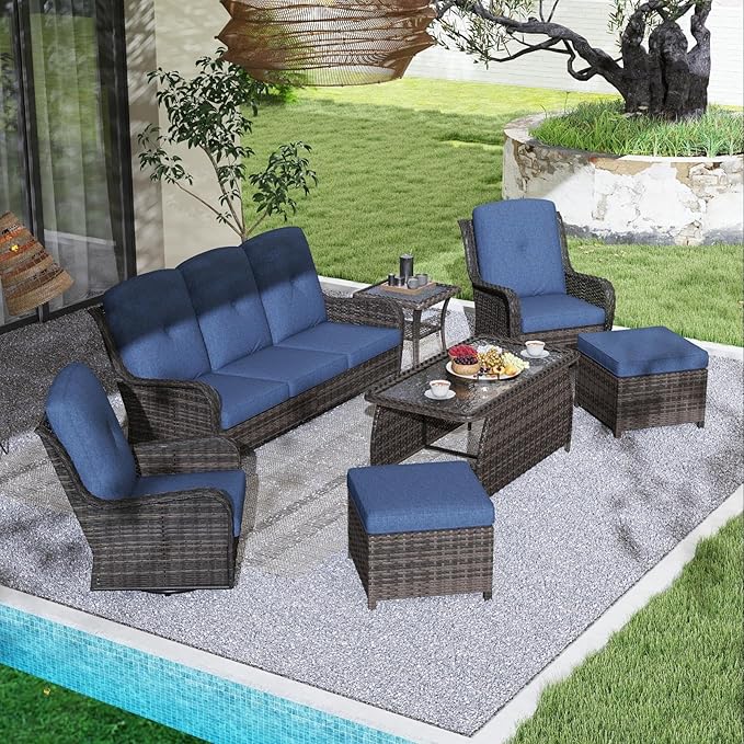 Kinsuite 7 PCS Patio Furniture Set, Outdoor Conversation Sets with Swivel Chairs & Ottomans, All-Weather Wicker Sectional Sofa with Thicken Cushions for Garden, Lawn, Deck, Backyard, Blue