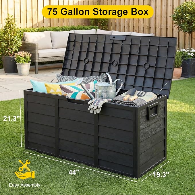 75 Gallon Resin Deck Box, Waterproof Anti-UV Lockable Outdoor Storage Bin for Patio Furniture Garden Tools, Heavy Duty Indoor Package Delivery Deck Boxes for Pillows Pool Cushions, Black