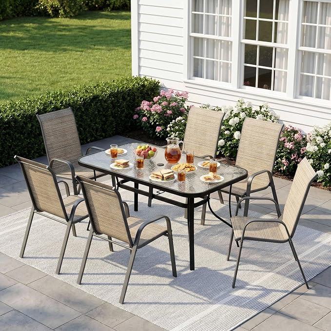 Arlopu 7-Piece Outdoor Table and Chairs for 6, Outdoor Dining Set W/Rectangle Glass Table and Patio Textilene Stackable Chairs, Patio Furniture Set W/Umbrella Hole (Black Table & Brown Chair)