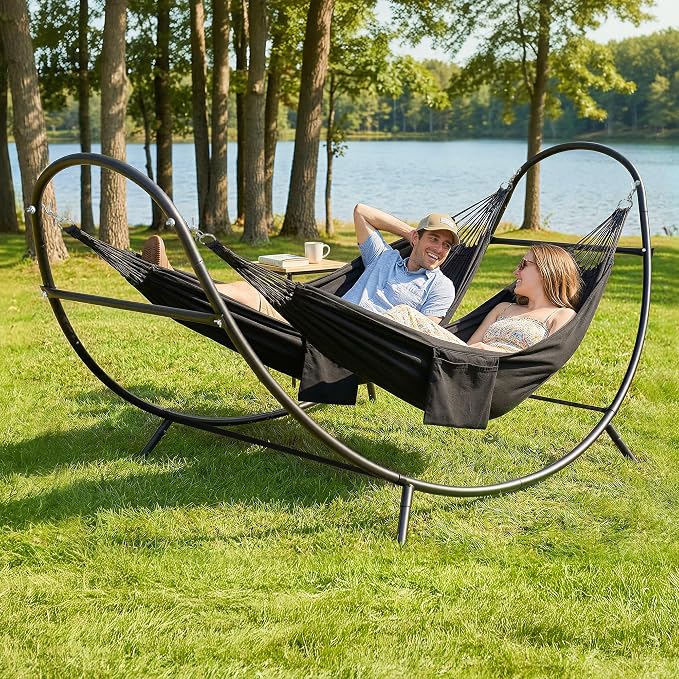 SUNCREAT Hammocks 2 Person Standing Patio Hammock, Portable Hammock with Stand Foldable, Patent Pending, Dark Gray