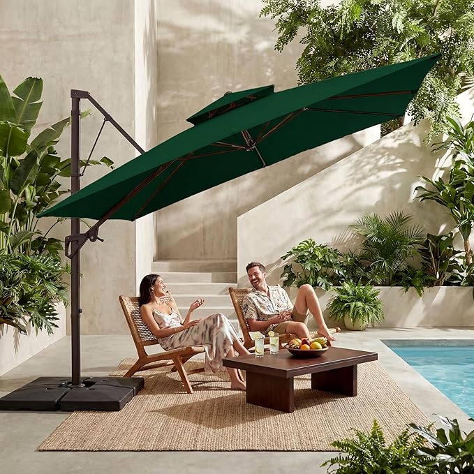 JEAREY 11ft 2-Tier Cantilever Patio Umbrella, Large Square Outdoor Offset Umbrella with Double Top Vent and 360-degree Rotation for Garden, Deck, Pool, Patio, Dark Green