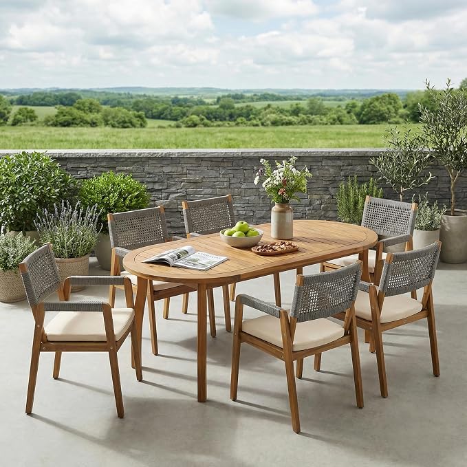 Christopher Knight Home Outdoor Dining Set with 70" Oval Acacia Wood Patio Table and 6 Rope Woven Dining Armchairs with Cushions, Teak Finish Outdoor Table and Chairs Set for Patio Deck Garden Dining