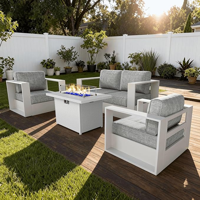 4 Pieces Patio Furniture Set with Fire Pit Table, Metal Modern Conversation Set with Deep Seating and Widened Aluminum Frame for Deck, Porch, Garden