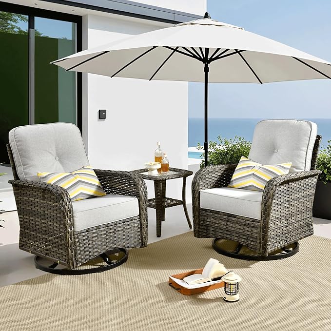 ovios 3-Piece Patio Furniture Set, Outdoor Wicker Sofa with Swivel Chairs, High Back Rattan Gliders Rocker with Comfy Cushions for Porch Yard Deck, Grey