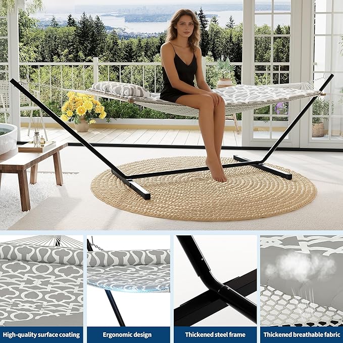 Heavy Duty 2 Person Double Hammock with Portable Adjustable Steel Stand, Outdoor Hammock with Pillow for Patio, Garden, Beach, Backyard Camping