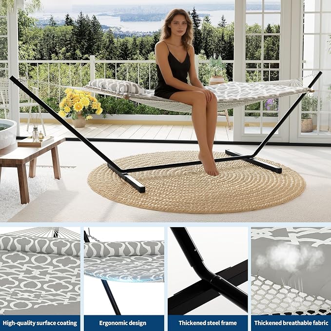 2-Person Quilted Hammock with Stand, Heavy Duty Steel Frame Hammock with Pillow, 450 LB Capacity, for Patio, Backyard, Garden, Multiple Colors