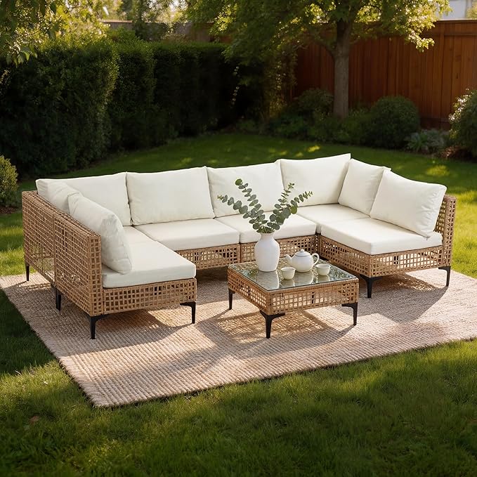 7 PCs Outdoor Patio Furniture All Weather Wicker Rattan Sectional Conversation Sofa Set w/Water Resistant Cushions, Coffee Table for Paito, Lawn, Garden, Beige