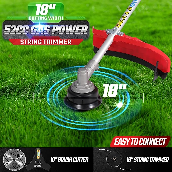 3-in-1 52cc 2-Cycle Weed Wacker Gas Powered, 18" Cutting Path Gas String Trimmer/Edger, 10" 3T/40T Gas Brush Cutter with Shoulder Strap, Powerful Weed Eater Grass Trimmer for Lawn Care
