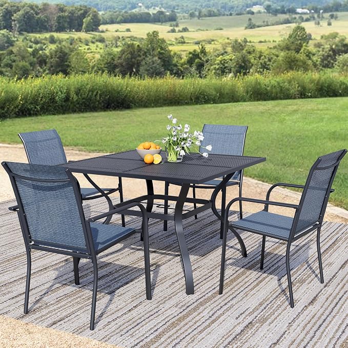 5-Piece Outdoor Dining Set, Square Metal Table with Light Blue Chairs, Black Patio Table with Umbrella Hole for Garden, Yard, Patio