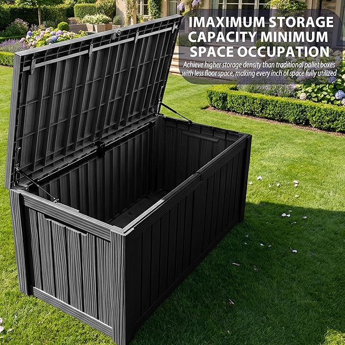 150 Gallon Outdoor Deck Storage Box, All Weather Vertical Wood Grain Lockable Storage Container for Patio, Poolside & Backyard Extra Large Outdoor Storage (Black,150GAL)