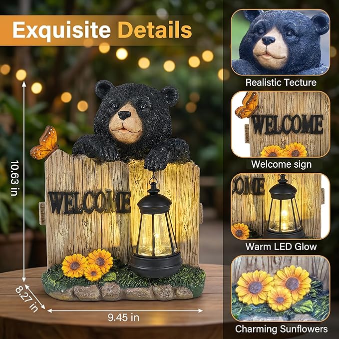 Garden Black Bear Welcome Sign with Solar Lantern, Decorative Outdoor Statue with Butterfly and Sunflowers, Lawn and Porch Decor