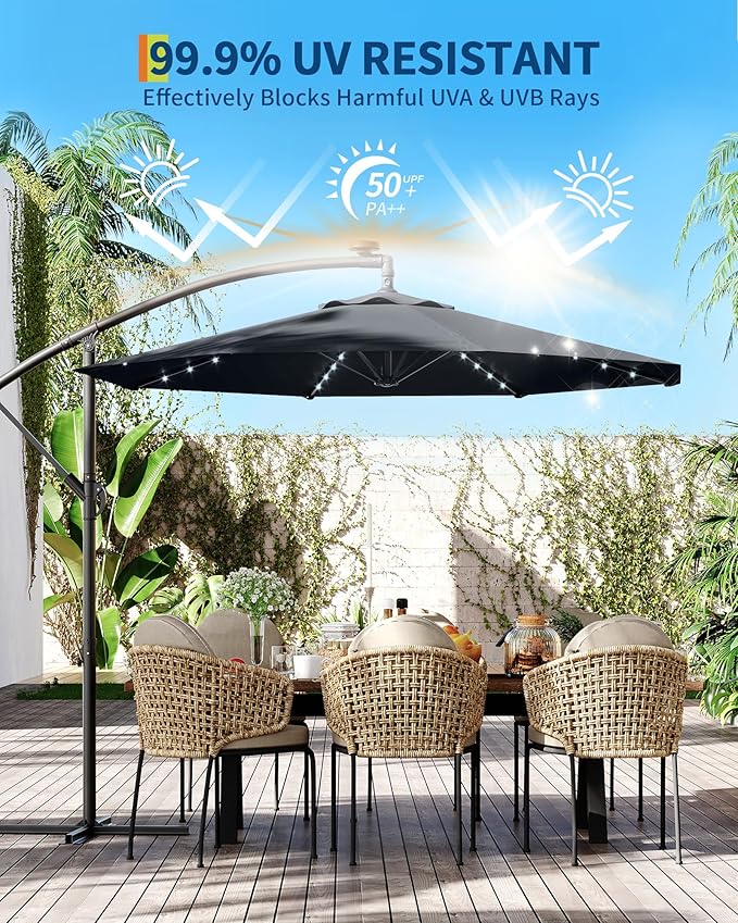 10FT Cantilever Patio Umbrella with Solar LED Lights - Heavy Duty 2-Tier Square Aluminum Offset Outdoor Umbrella, 360° Rotation for Poolside, Backyard, Deck Outdoor Use, Tan