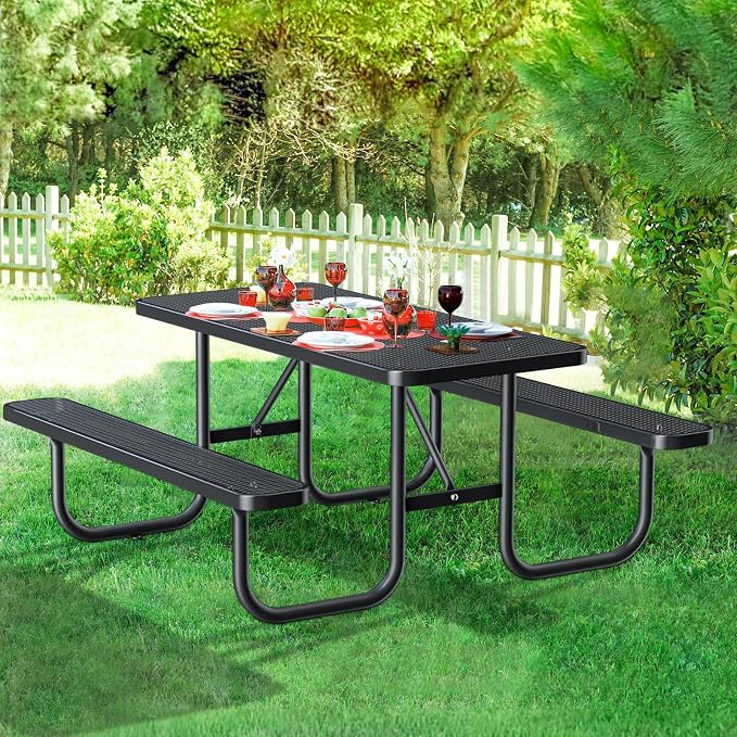 6FT Rectangular Outdoor Picnic Table with Attached Benches, Heavy-Duty Expanded Metal Mesh Patio Table, Commercial-Grade Outdoor Seating for Park, Backyard, Deck, Lawn, Black